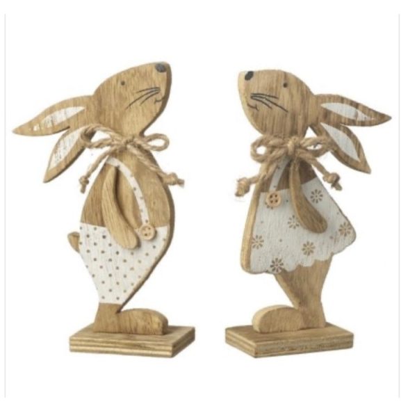 boy and girl wooden rabbit ornament s with button and bow details