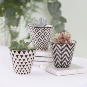 black and white geometric design mini plant pots