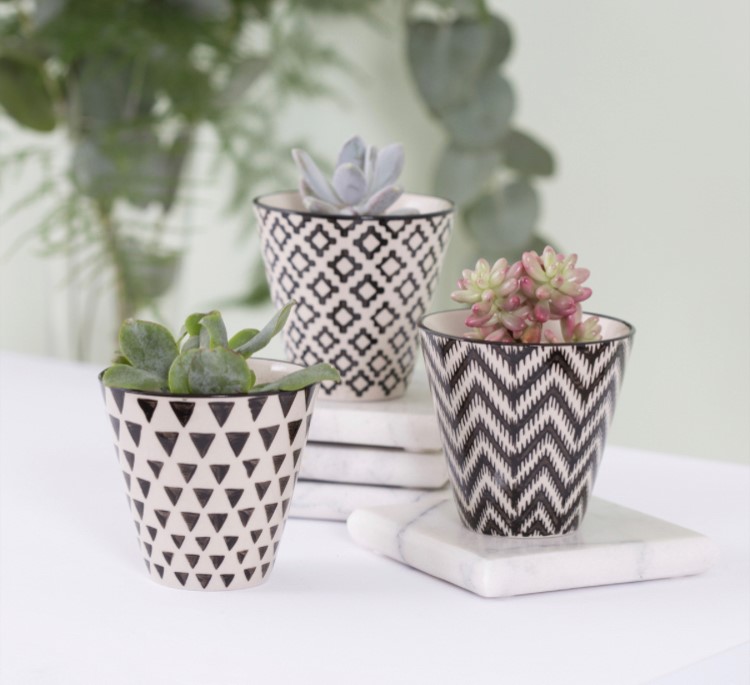 black and white geometric design mini plant pots
