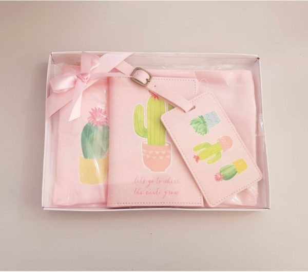 Cactus travel gift set including a passport holder, luggage tag and travel pouch.