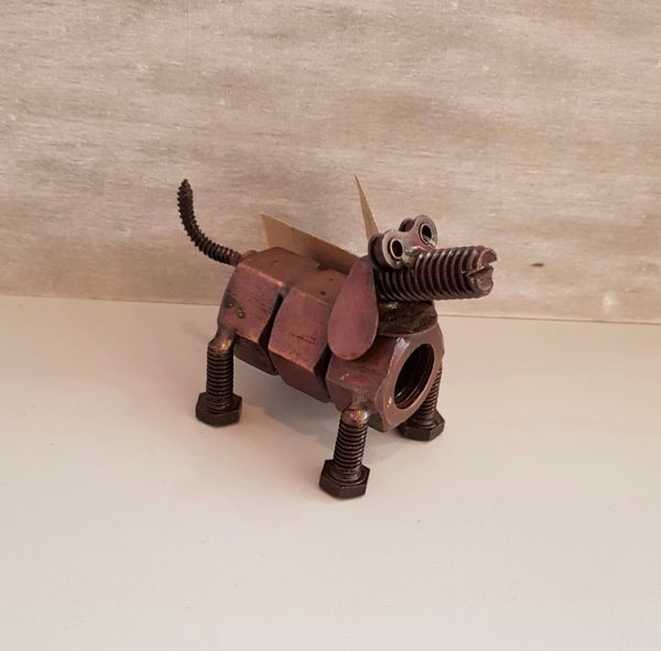 Dachshund dog sculpted from recycled nuts, bolts and metal