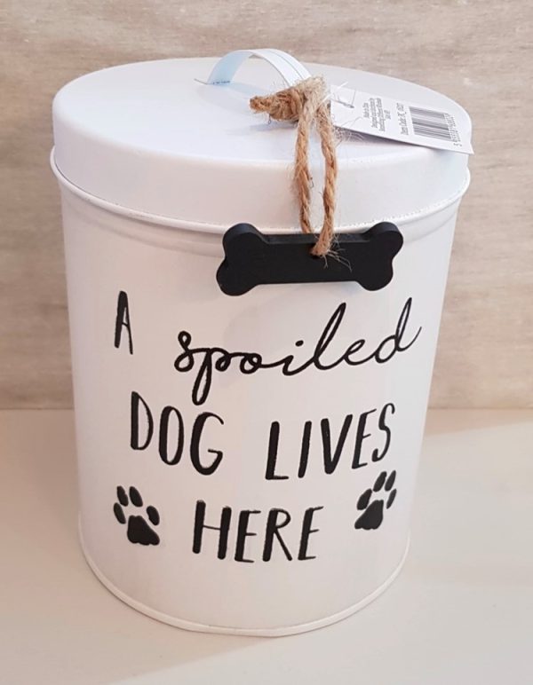 white storage tin with text A spoiled dog lives here with a bone decoration