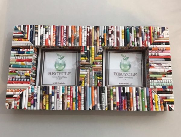 double photo frame decorated with tubes of recycled paper