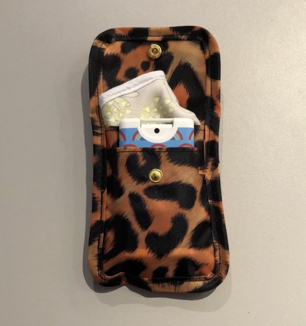 Animal print face mask and hand sanitiser pouch