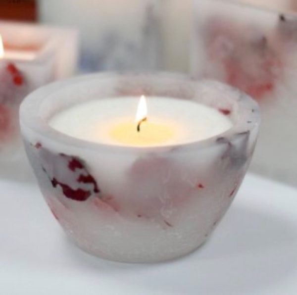 Rose petal wax bowl with a scented candle inside