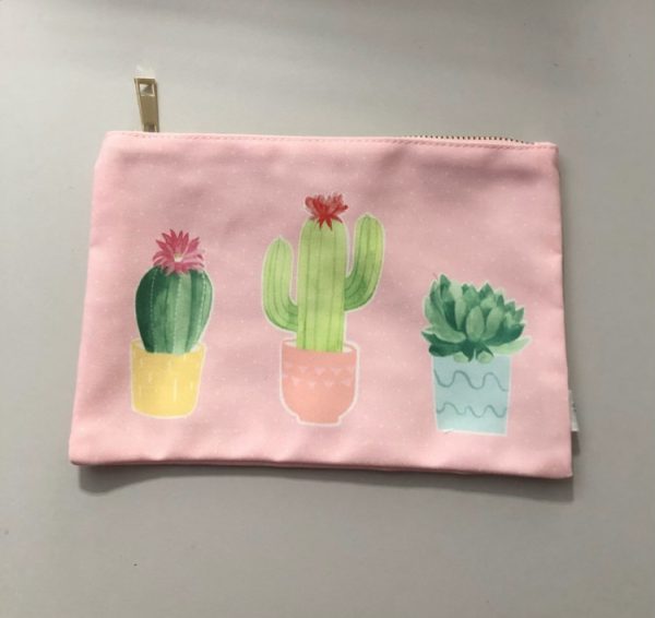 Pink storage pouch with cactus design