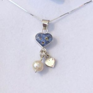 forget me not pendant necklace with silver heart tag and pearl