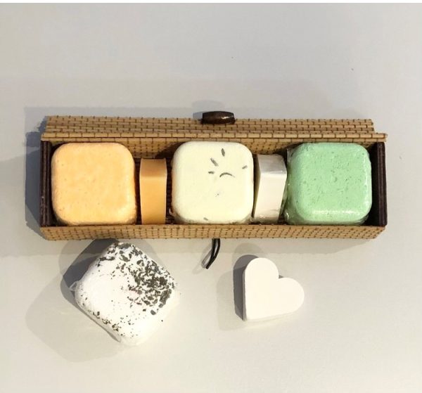 bamboo gift box with 3 aromatherapy shower bombs and 2 mini soaps