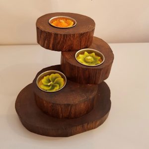 3 tier recycled teak root tea light candle holder