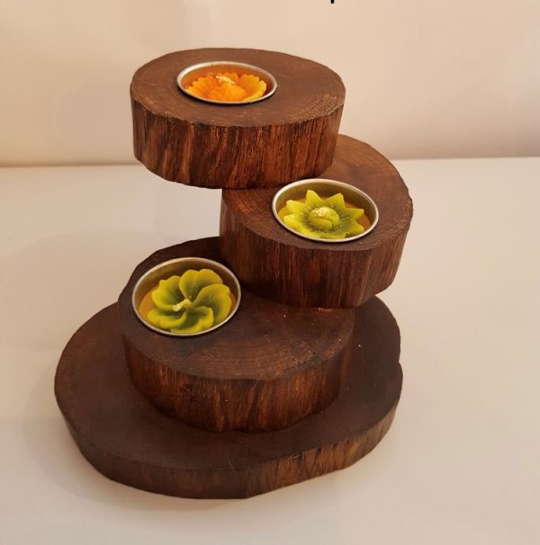 3 tier recycled teak root tea light candle holder