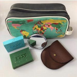 wash bag soap and travel mirror gift set