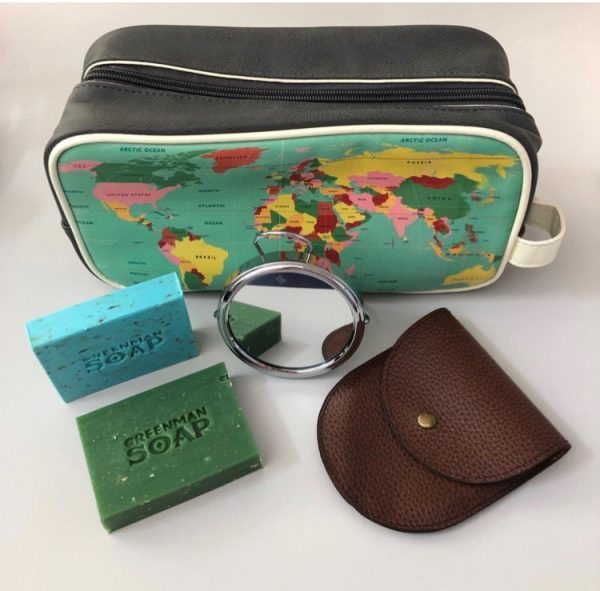 wash bag soap and travel mirror gift set