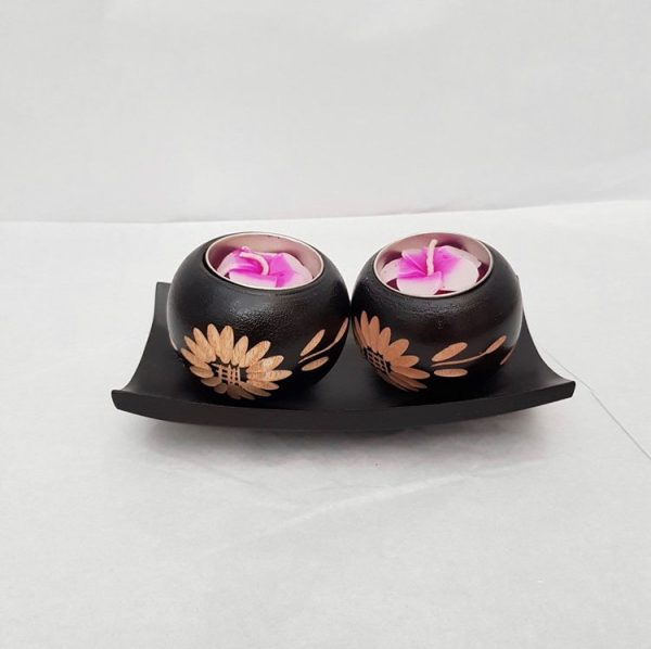 Floral etched mango wood double tea light holder with pink flower tea light candles