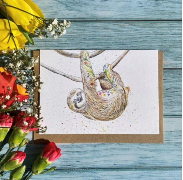 Sophie the Sloth original art print eco card