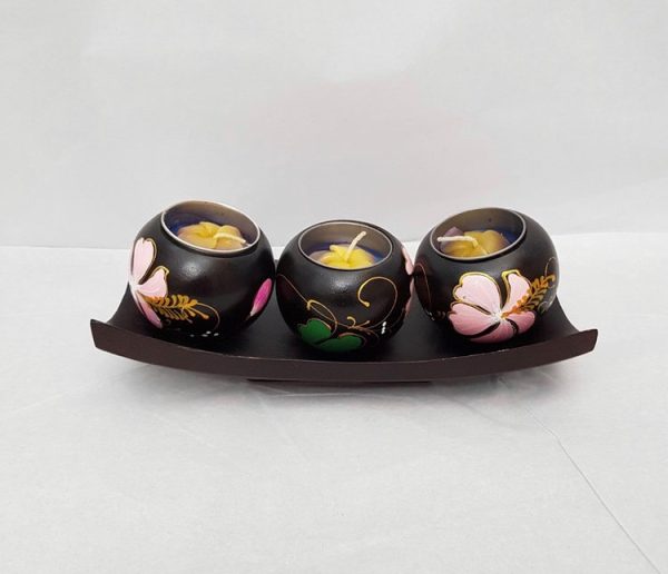 triple hand carved mango tea lights with flower soy candles