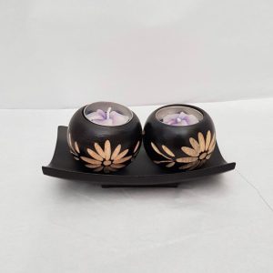 floral etched mango wood double tea lights on tray