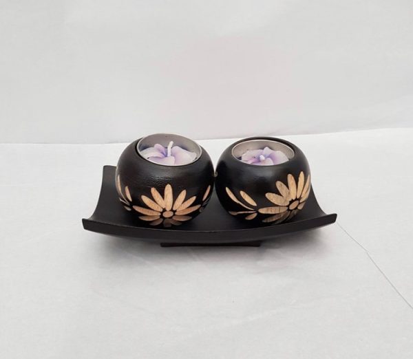 floral etched mango wood double tea lights on tray