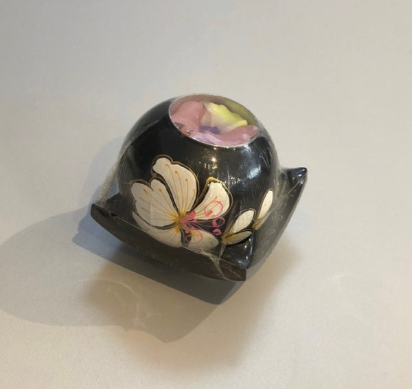 mango wood sphere tea light holder with a white floral design