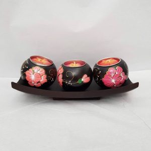 triple hand carved mango tea light holders with soy wax flower candles