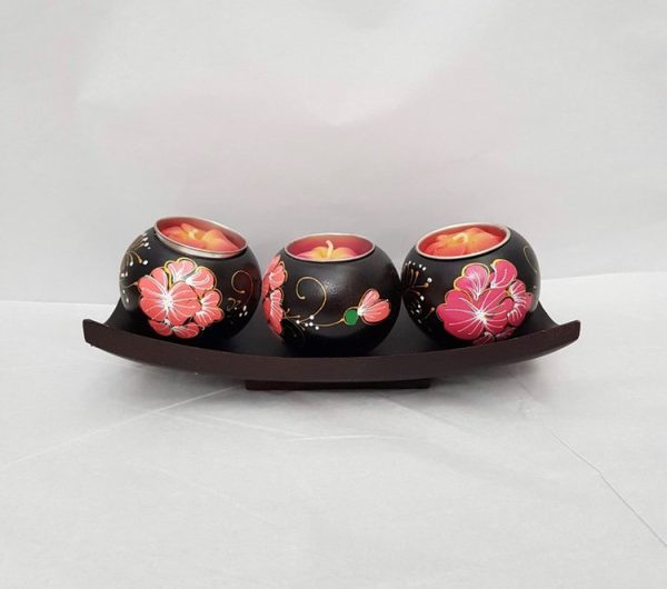 triple hand carved mango tea light holders with soy wax flower candles