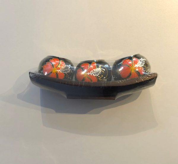 Triple mango wood tea light holder with orange painted flowers