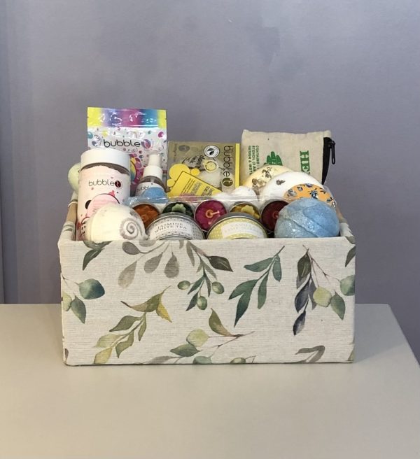 Pamper gift hamper Olive fabric storage crate filled with pampering treats