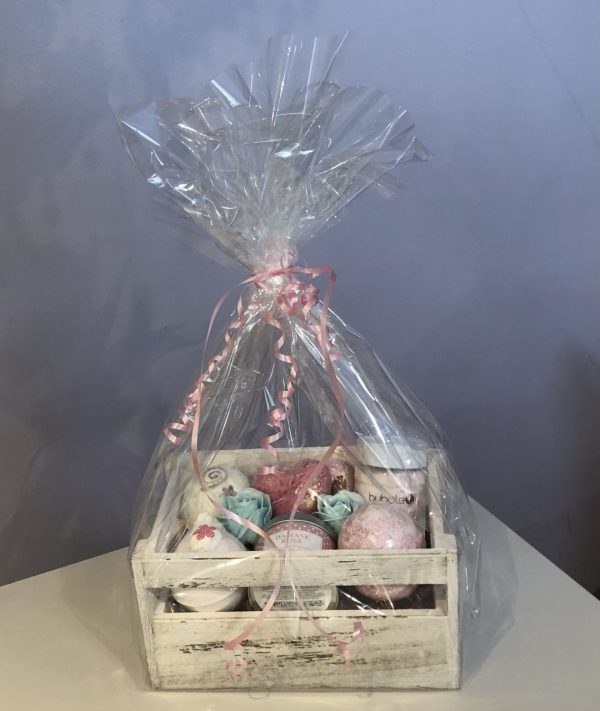 shabby chic storage crate filled with pampering treats