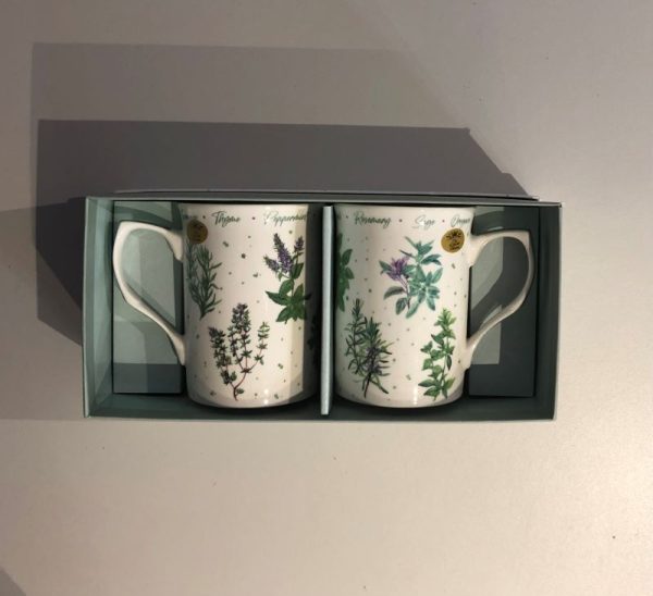 Pair of matching fine china white mugs decorated with herbs in a matching luxury gift box