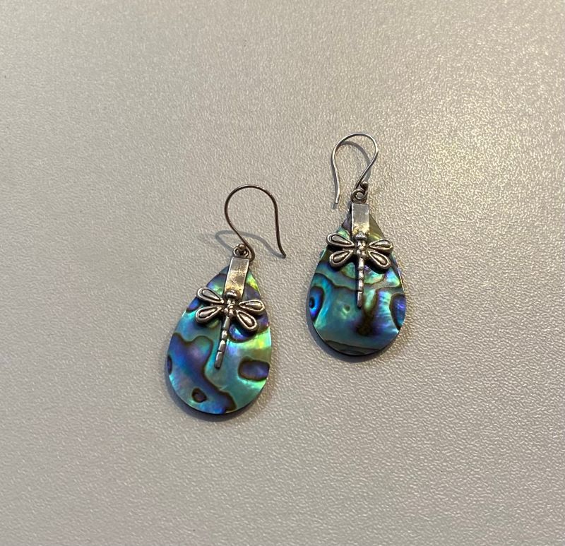 beautiful dragonfly earrings made from silver and abalone shell
