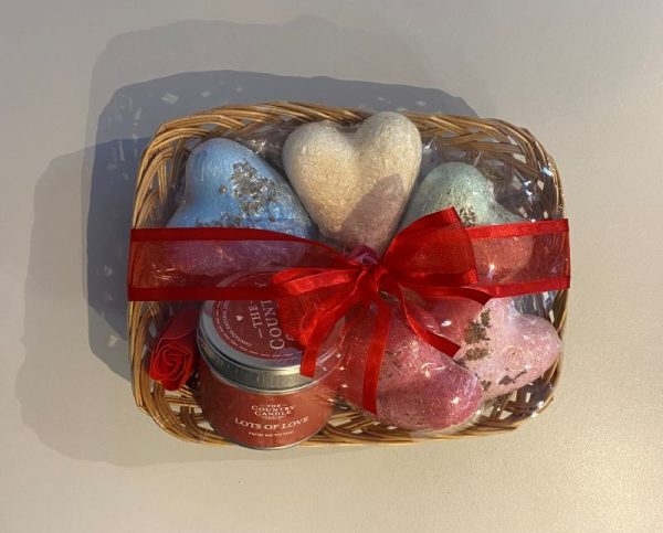 Valentines day gift basket with lots of love candle and heart shaped bath bombs