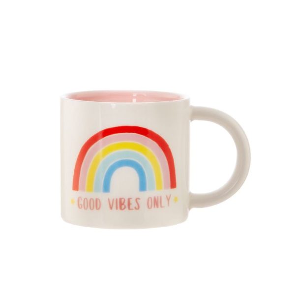 classic white mug with a pink interior and colourful rainbow decoration and slogan "Good vibes only"