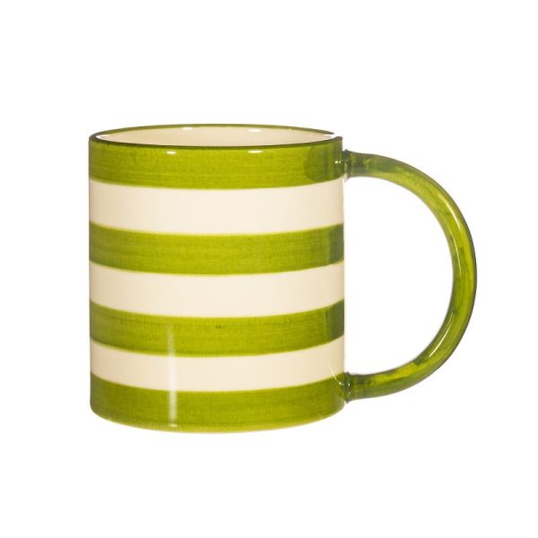 green and white classic striped stoneware mug