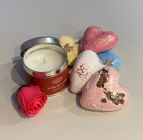 Romantic gift basket perfect for Valentines or anniversary gift vegan friendly scented candle and heart shaped bath bombs