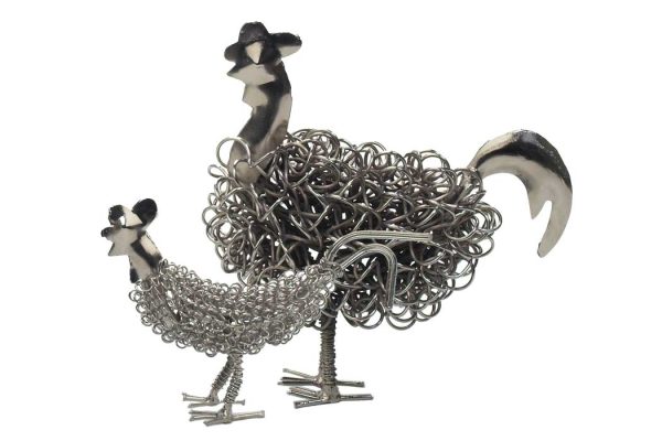 Nickel plated wiggle rooster ornament made from stretched wire