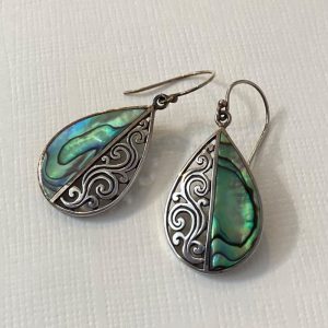 Striking abalone and silver swirl teardrop shaped earrings