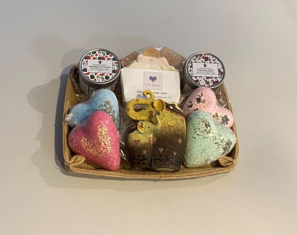 build your own gift basket. Mother's Day basket with mother and baby elephant ornament, bath bombs and scented candles