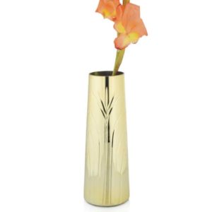 Metallic gold glass vase etched with a contemporary palm design.