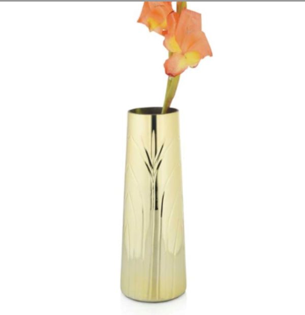 Metallic gold glass vase etched with a contemporary palm design.