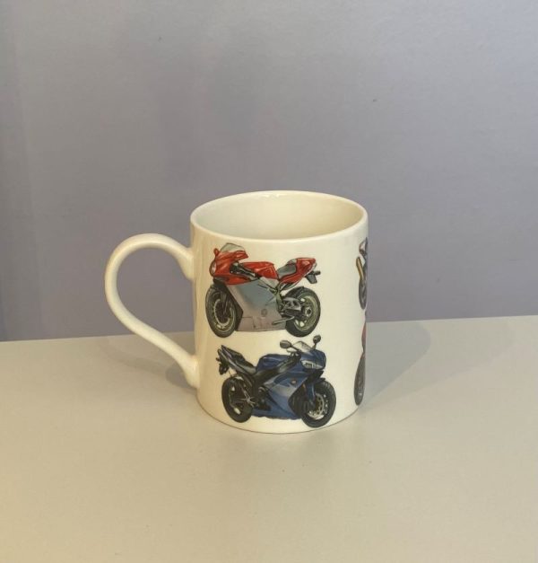 White china mug decorated with classic superbikes