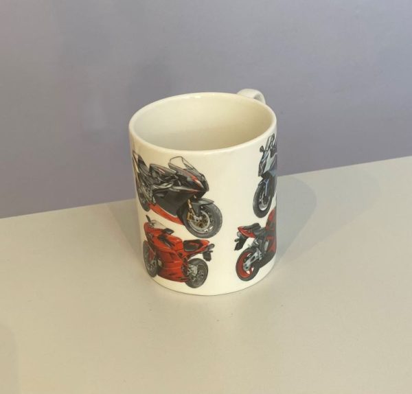 White china mug decorated with classic superbikes