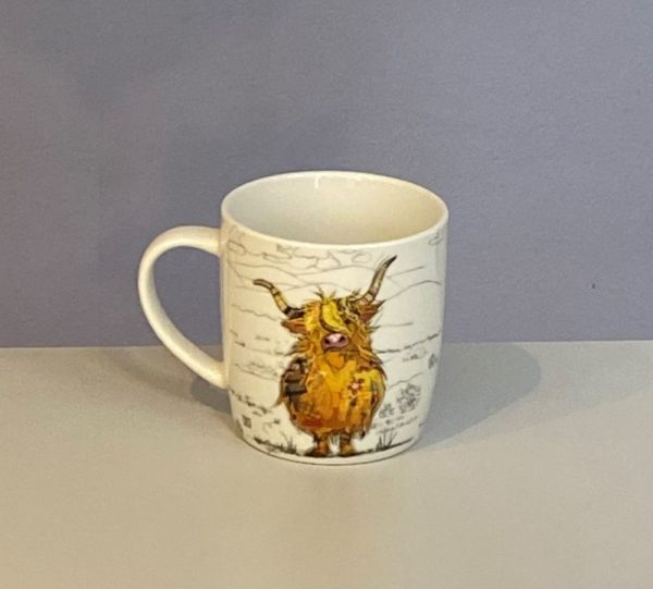 Classic white mug with a cute highland cow with a colourful collage decoration. Quirky Hamish Highland Cow Bug Art mug