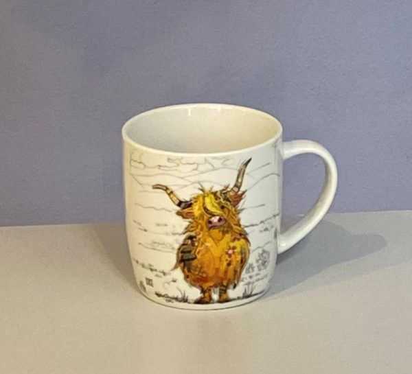 Classic white mug with a cute highland cow with a colourful collage decoration. Quirky Hamish Highland Cow Bug Art mug