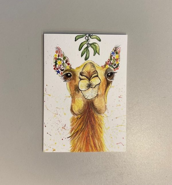0h camel ye faithful eco friendly Christmas card showing a camel under the mistletoe
