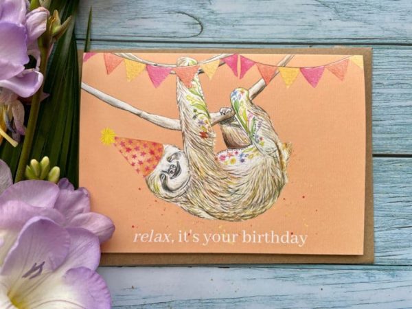 colourful sloth birthday card