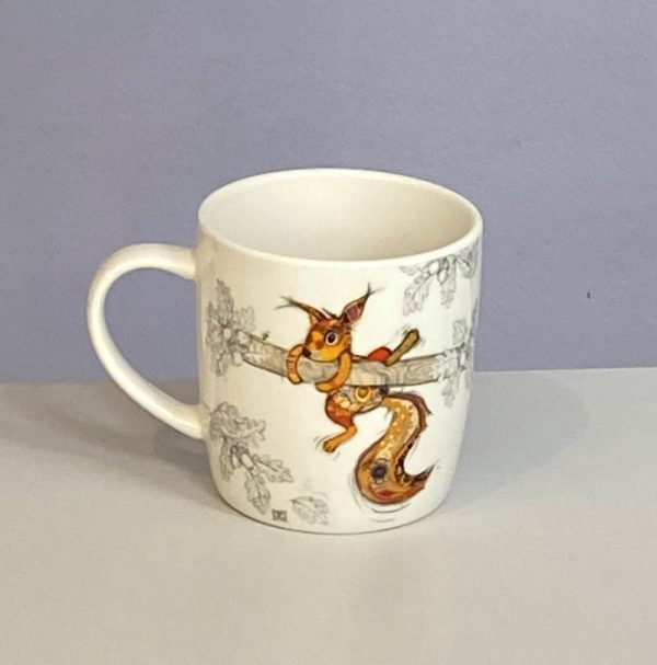 Classic white mug with a cute climbing squirrel with a colourful collage decoration. Quirky Sammy Squirrel Bug Art mug