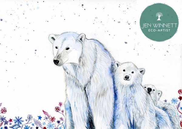 Eco friendly Christmas card featuring a polar bear family from art print Cherish by JW Art