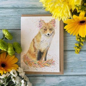 Felix the fox Eco friendly greetings card with a fow with colourful floral embellishments