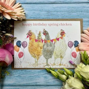 happy birthday spring chicken eco friendly card with 3 chickens and colourful balloons from JW Art