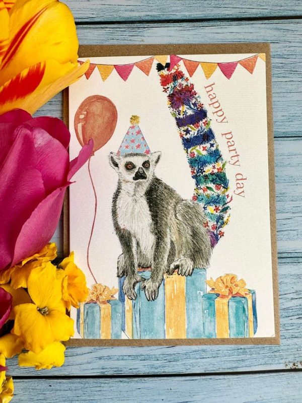 happy party day colourful lemur with presents, balloon and bunting