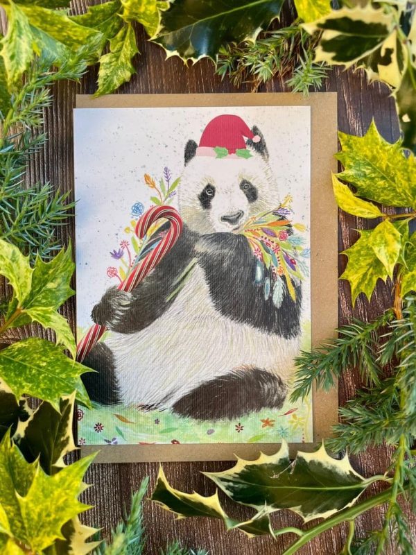 Have yourself a berry little Christmas eco friendly christmas card with a panda in a santa hat